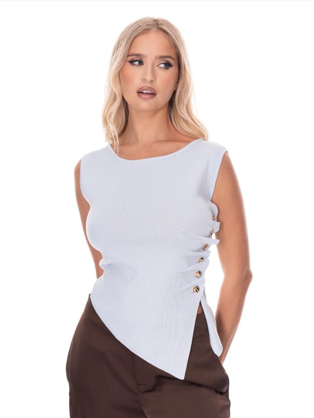 Sleeveless Light Blue Side-Button Knit Top